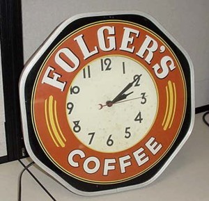 Vintage Folgers neon clock, Vintage Advertising Neon Clocks