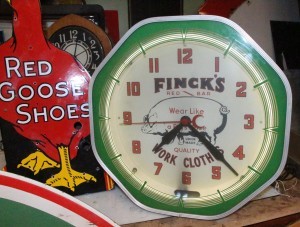 neon clock for Finks work clothes, Vintage Advertising Neon Clocks
