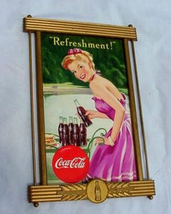 vintage art:A can of Coca Cola with red and white branding, filled with carbonated dark brown liquid, served with ice cubes in a glass.