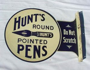 "Vintage Metal Signs" Old flange sign for Hunts Pens