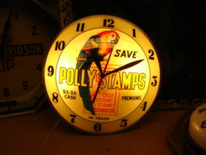 vintage Polly Stamps double bubble gas clock, Vintage Advertising Neon Clocks