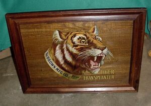 Vintage art: A framed picture of a tiger head on a wooden frame, showcasing the majestic beauty of this fierce animal.