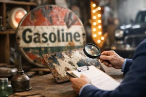 Person in a suit uses a magnifying glass to inspect a rusty, chipped metal sheet in a vintage workshop with a faded ‘Gasoline’ sign in the background.