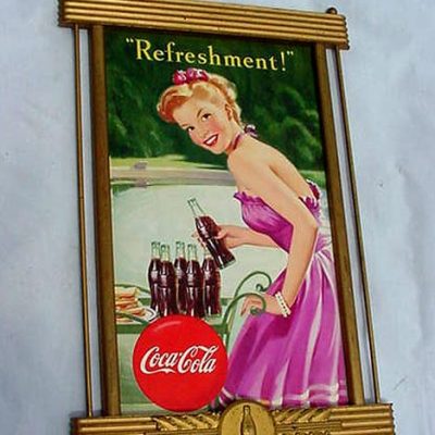 vintage art:A can of Coca Cola with red and white branding, filled with carbonated dark brown liquid, served with ice cubes in a glass.