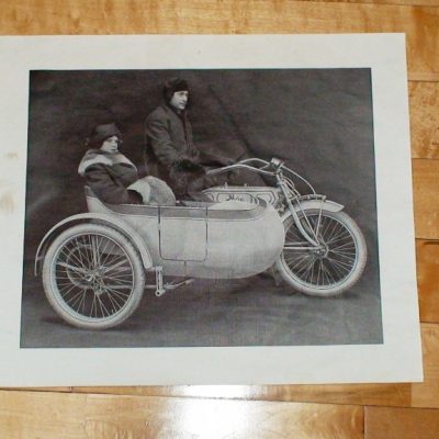 vintage art: Aged black and white drawing of a motorcycle with sidecar