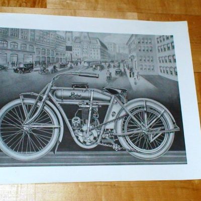 vintage art: Aged black and white drawing of a motorbike.