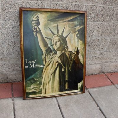 vintage art: Iconic Statue of Liberty standing tall with torch held high, symbolizing freedom and democracy in New York Harbor.
